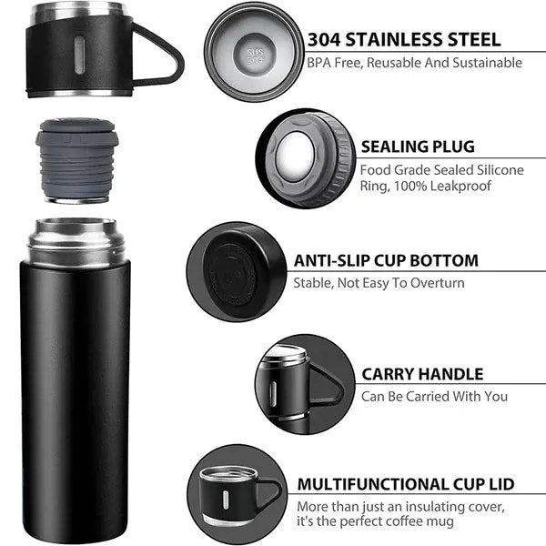 Vacuum Flask Bottle with 3 Cups and Gift Box