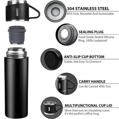 Vacuum Flask Bottle with 3 Cups and Gift Box
