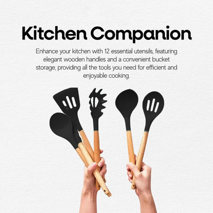 12PCS Silicone Kitchen Utensil Set with Wooden Handles
