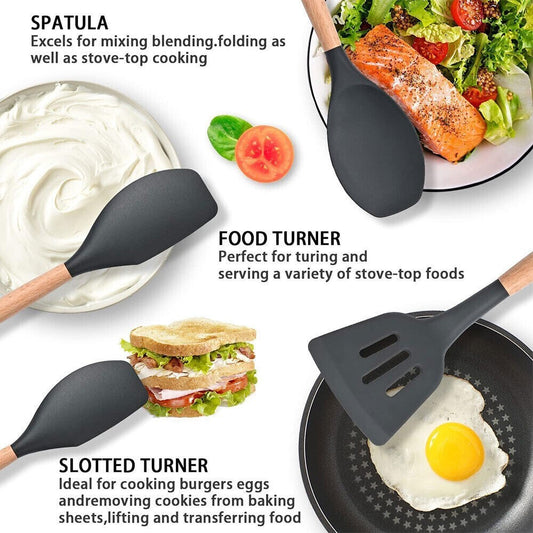 12PCS Silicone Kitchen Utensil Set with Wooden Handles