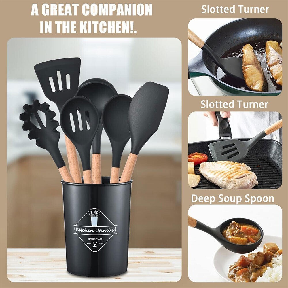 12PCS Silicone Kitchen Utensil Set with Wooden Handles