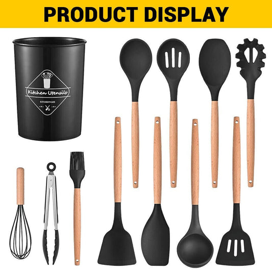 12PCS Silicone Kitchen Utensil Set with Wooden Handles