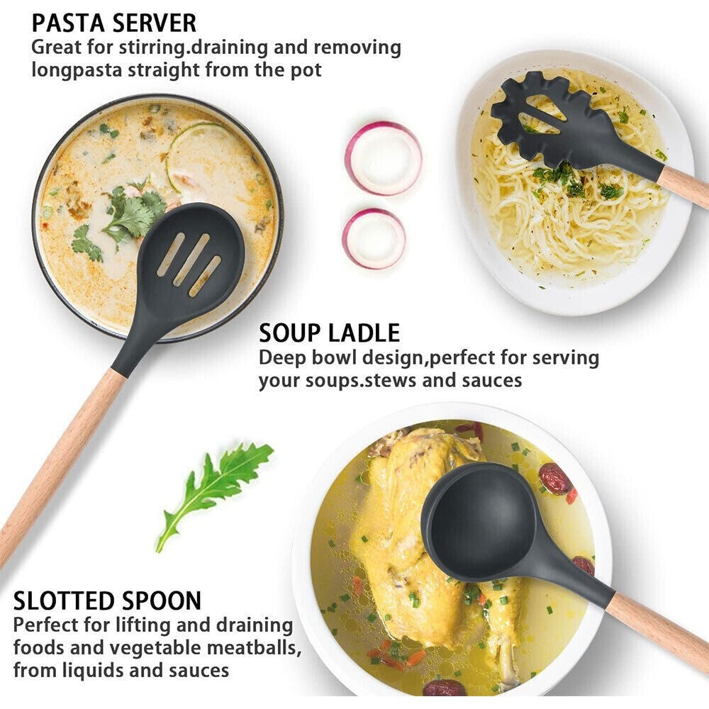 12PCS Silicone Kitchen Utensil Set with Wooden Handles