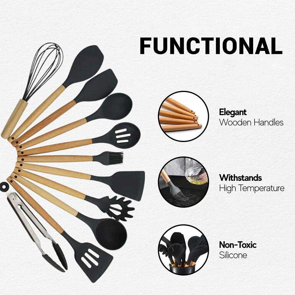 12PCS Silicone Kitchen Utensil Set with Wooden Handles