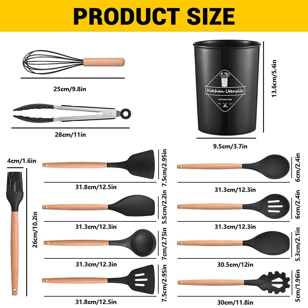 12PCS Silicone Kitchen Utensil Set with Wooden Handles