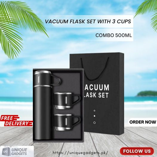 Vacuum Flask Bottle with 3 Cups and Gift Box