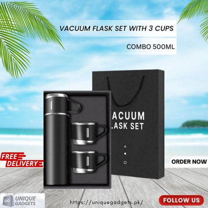 Vacuum Flask Bottle with 3 Cups and Gift Box